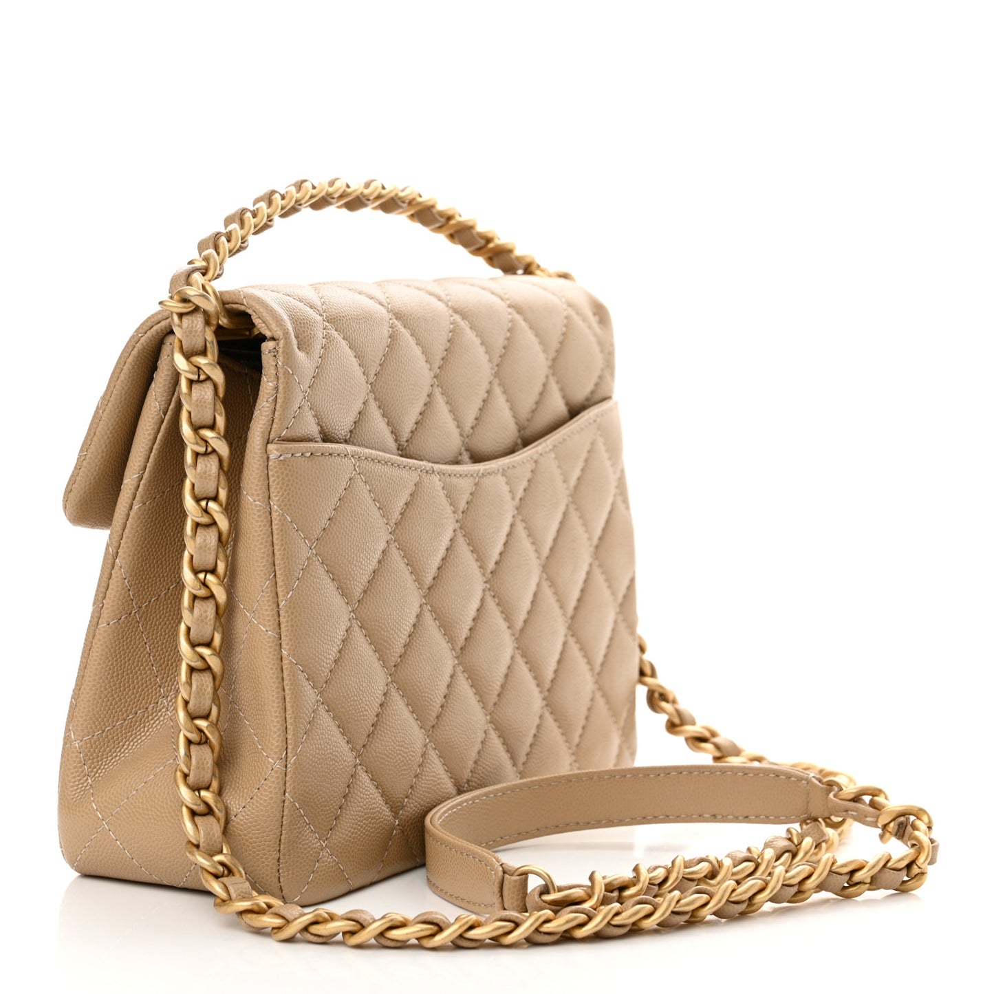 Shiny Caviar Quilted Small Flap Bag Top Handle Dark Beige