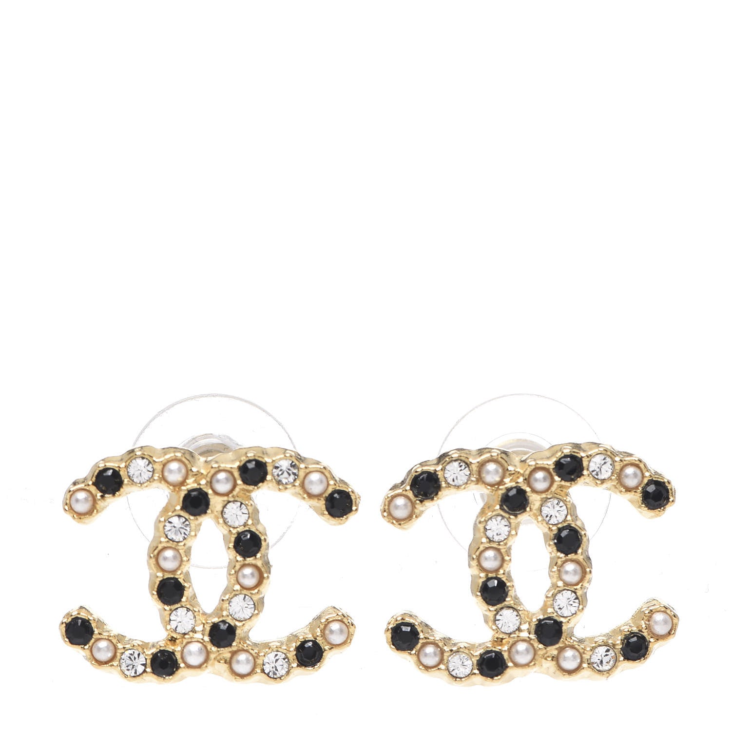 Chanel Resin Pearl Crystal CC Earrings Gold Black 1 of 4