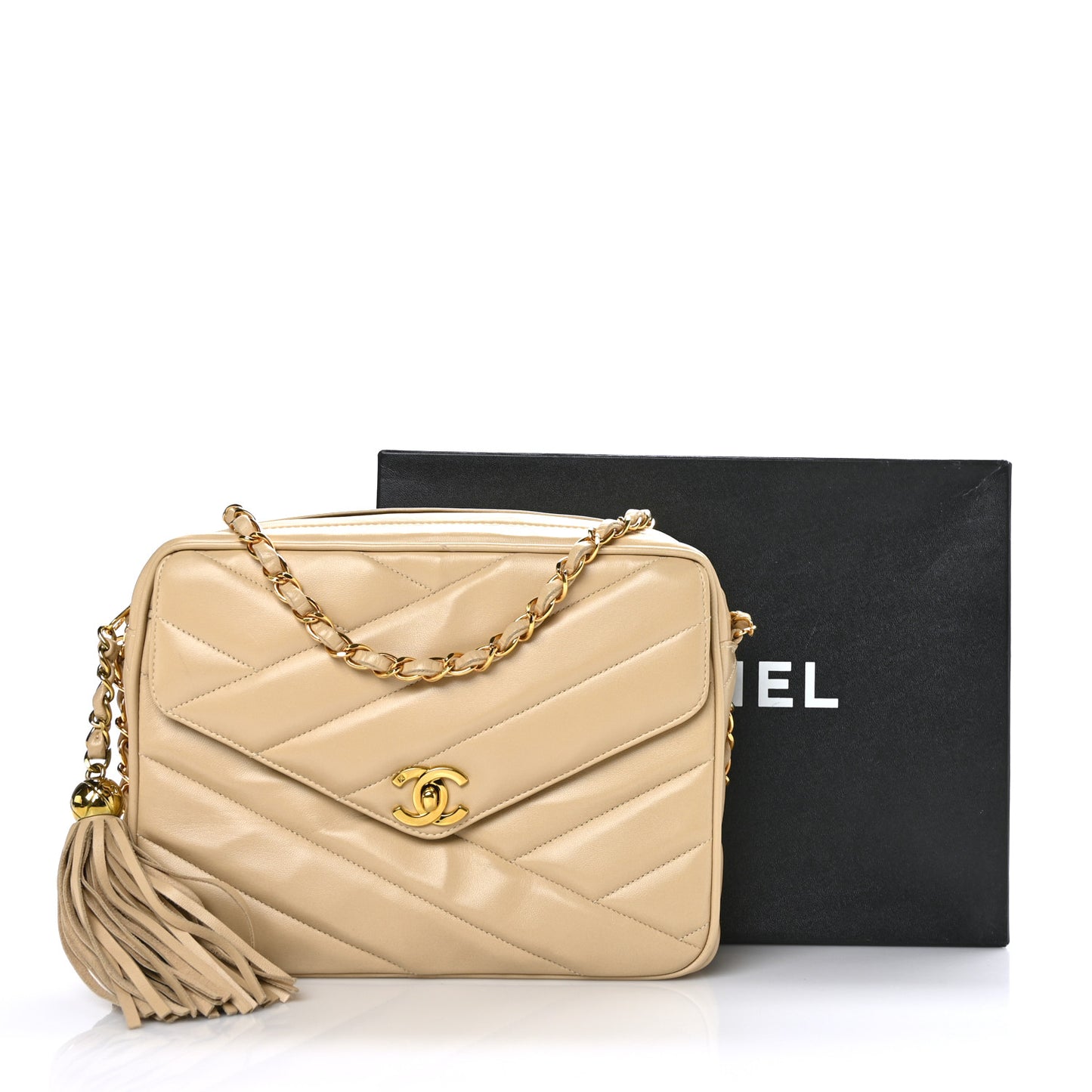 Lambskin Chevron Quilted Tassel Flap Camera Case Beige