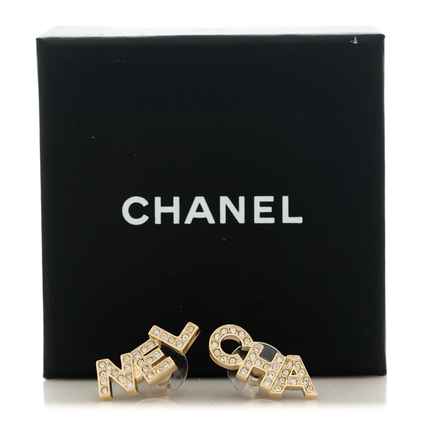 Chanel Crystal Cha-Nel Logo Earrings Gold 5 of 5