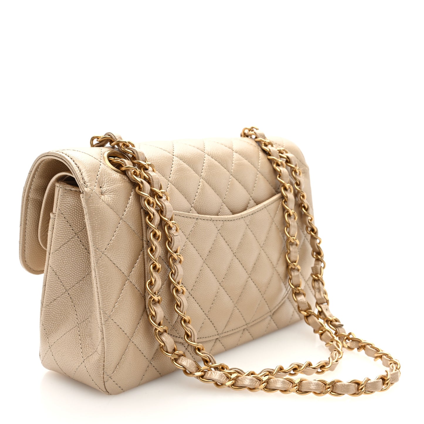 Iridescent Caviar Quilted Small Double Flap  Beige