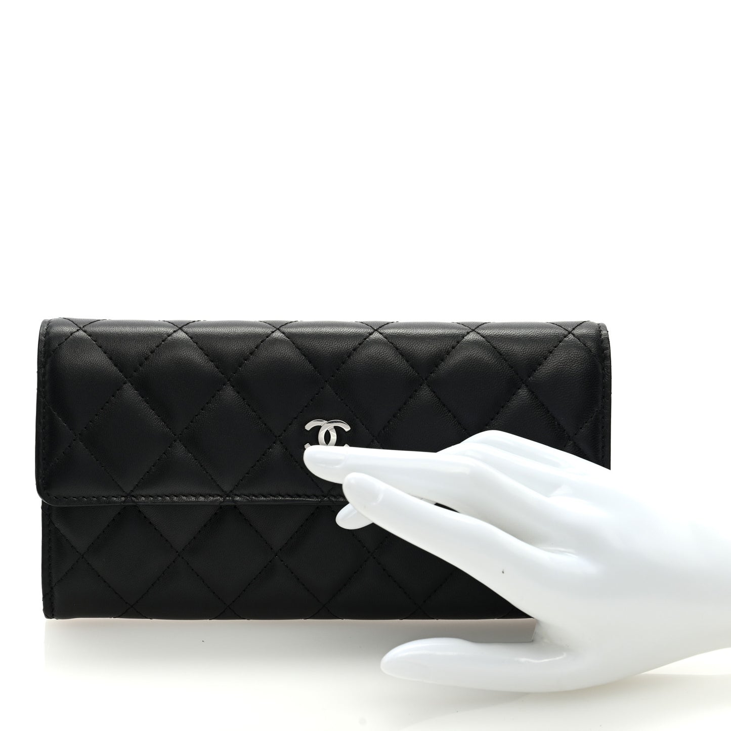 Lambskin Quilted Large Gusset Flap Wallet Black