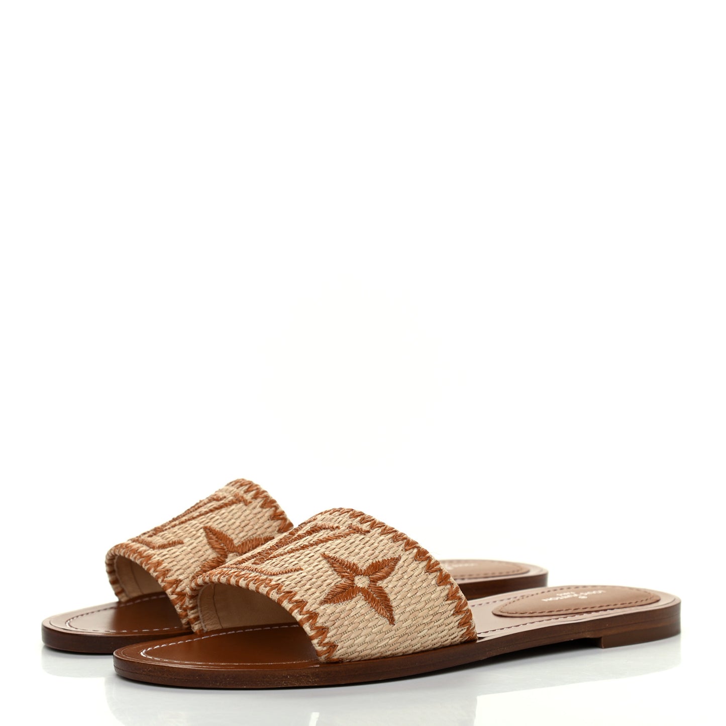 Raffia Calfskin Monogram Lock It Flat Mules 36 Cognac Brown
