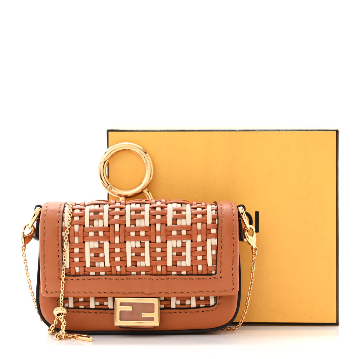 Fendi Nappa Vitello Grace Micro FF Intreccio Nano Baguette Charm Brandy Camelia 10 of 10