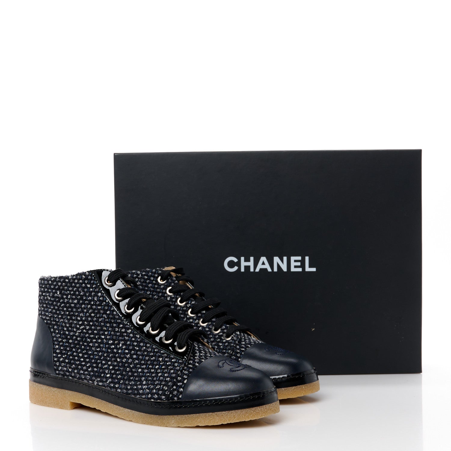 Chanel Tweed Calfskin Patent CC Lace Up Short Boots 38 Black Grey Dark Navy 9 of 9