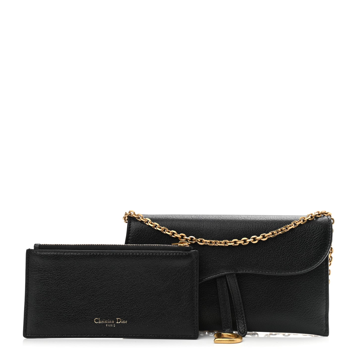Grained Calfskin Saddle Chain Wallet Pouch Black