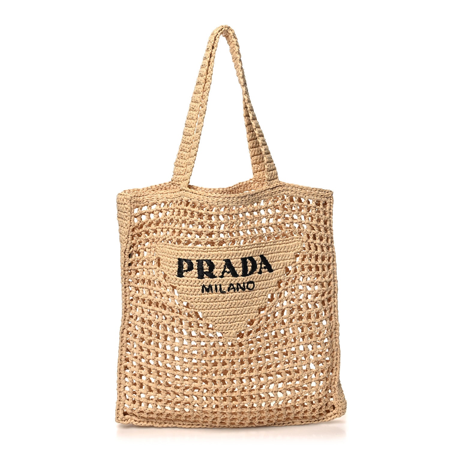 Prada Yarn Raffia Effect Crochet Logo Embroidered Tote Bag Naturale 1 of 9