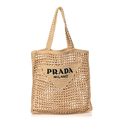 Prada Yarn Raffia Effect Crochet Logo Embroidered Tote Bag Naturale 1 of 9