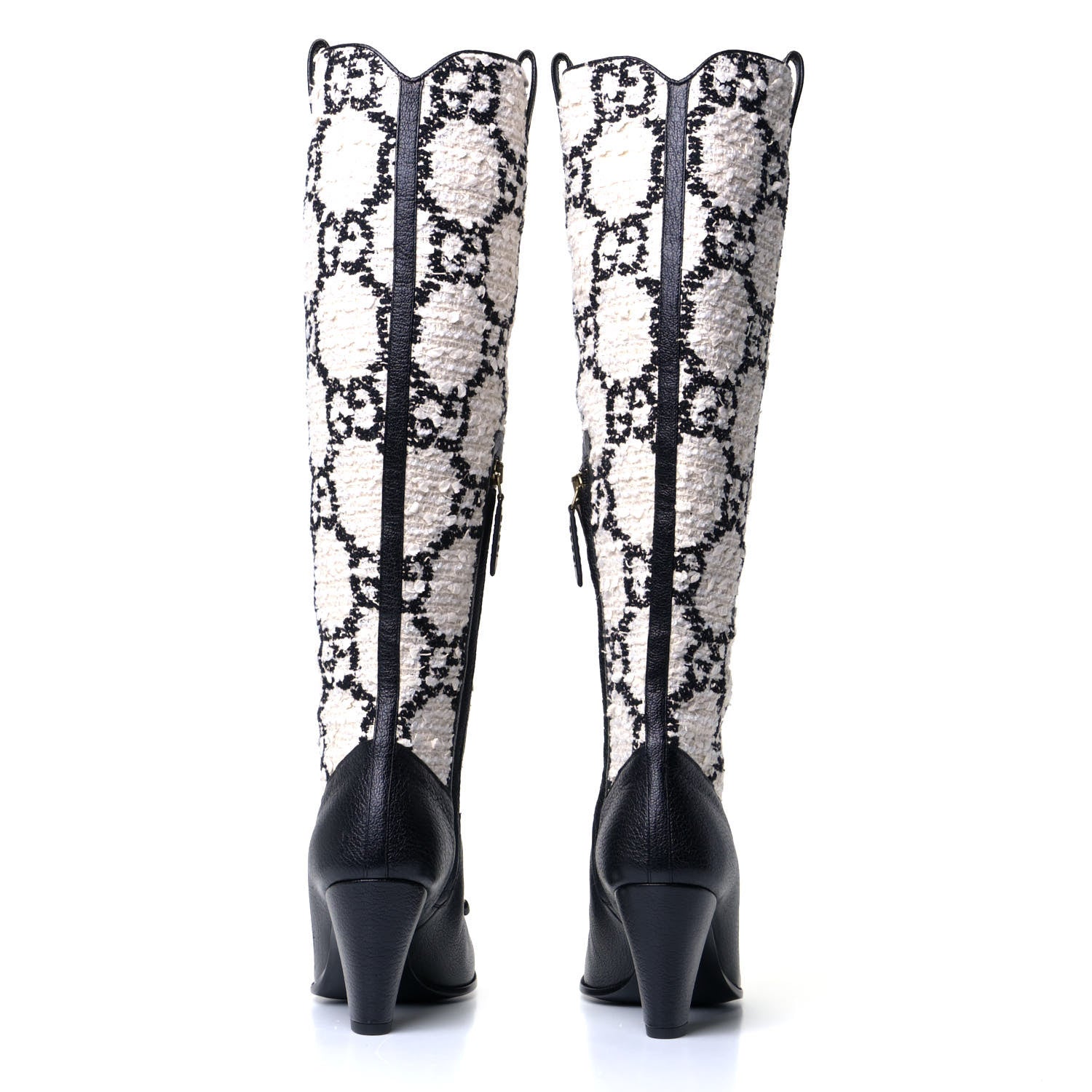 Gucci Tweed GG Monogram Wrinkled Kid Zumi Knee Boots 37.5 Natural Black 3 of 4