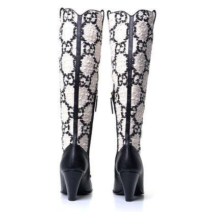Gucci Tweed GG Monogram Wrinkled Kid Zumi Knee Boots 37.5 Natural Black 3 of 4