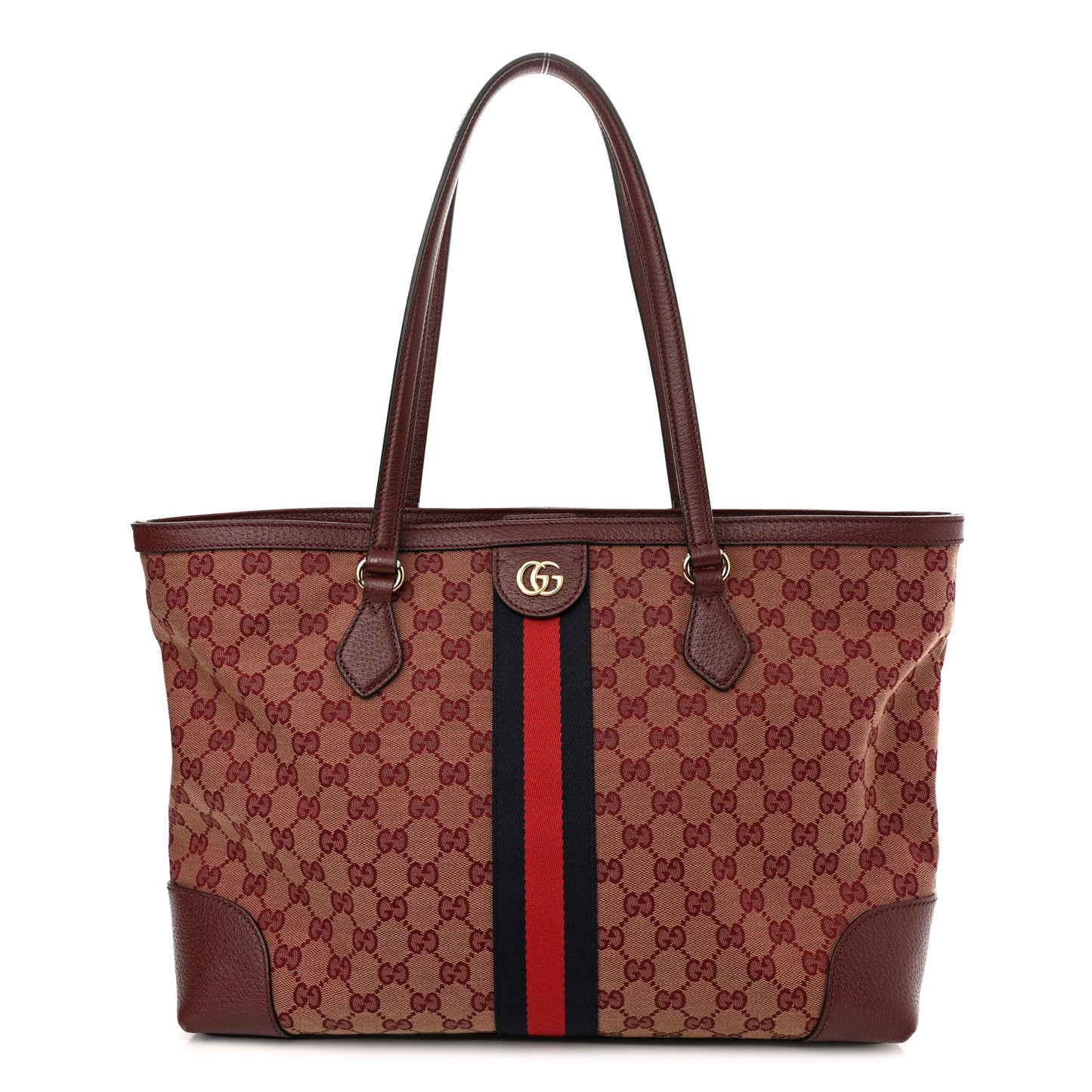 Monogram Textured Dollar Calfskin Web Medium Ophidia Shopping Tote Sahara Rubino Chardonnay