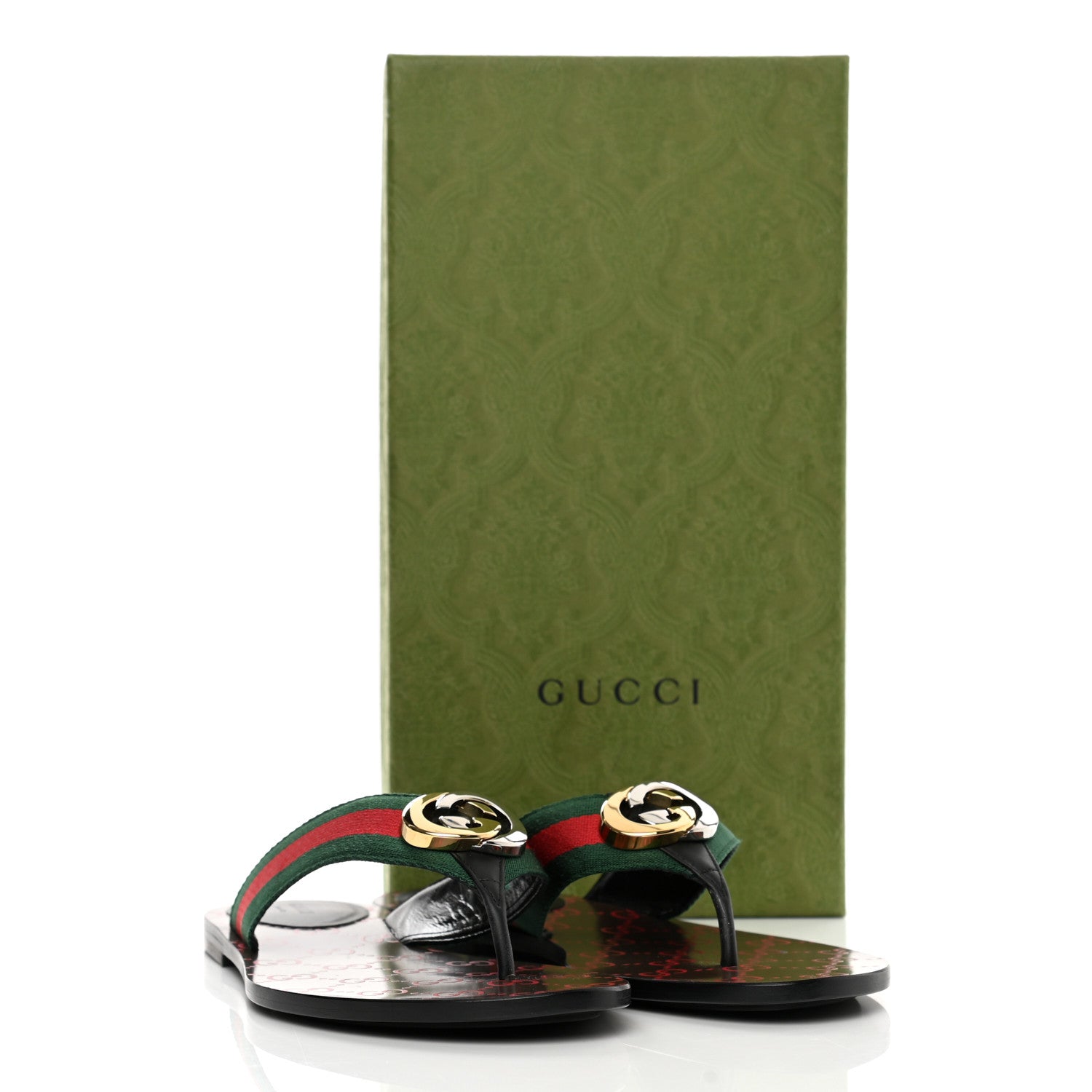 Gucci Nylon Calfskin Web GG Monogram Womens Thong Sandals 39.5 Green Red Cocoa 8 of 8