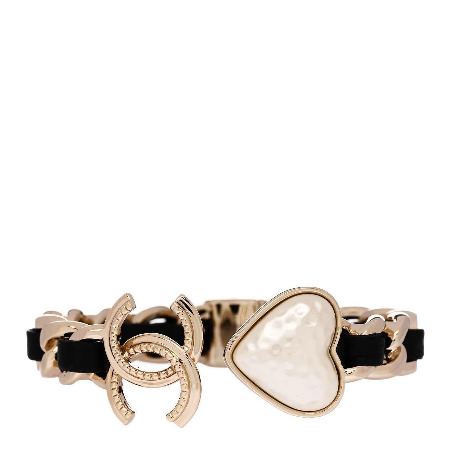 Metal Lambskin Pearl CC Heart Chain Cuff Bracelet Gold