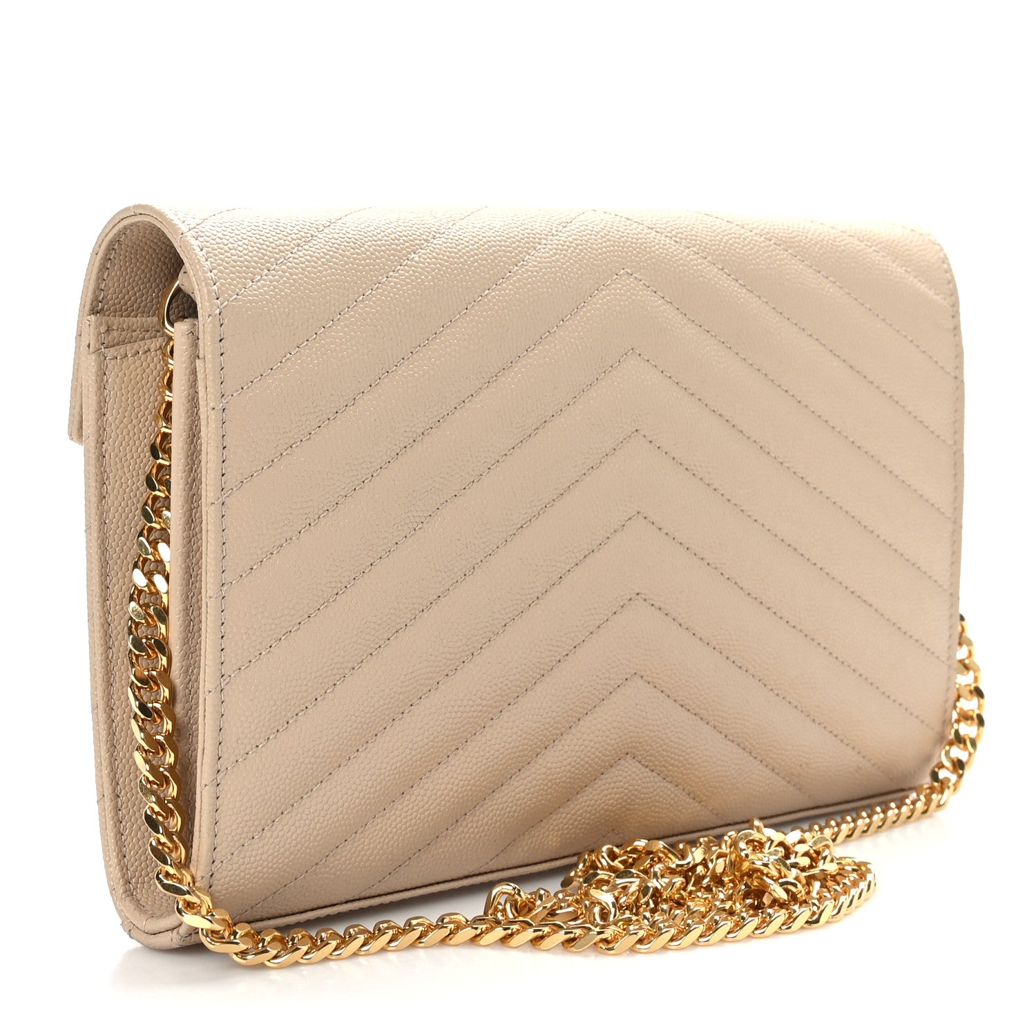 Saint Laurent Grain De Poudre Matelasse Chevron Monogram Chain Wallet Dark Beige 3 of 9
