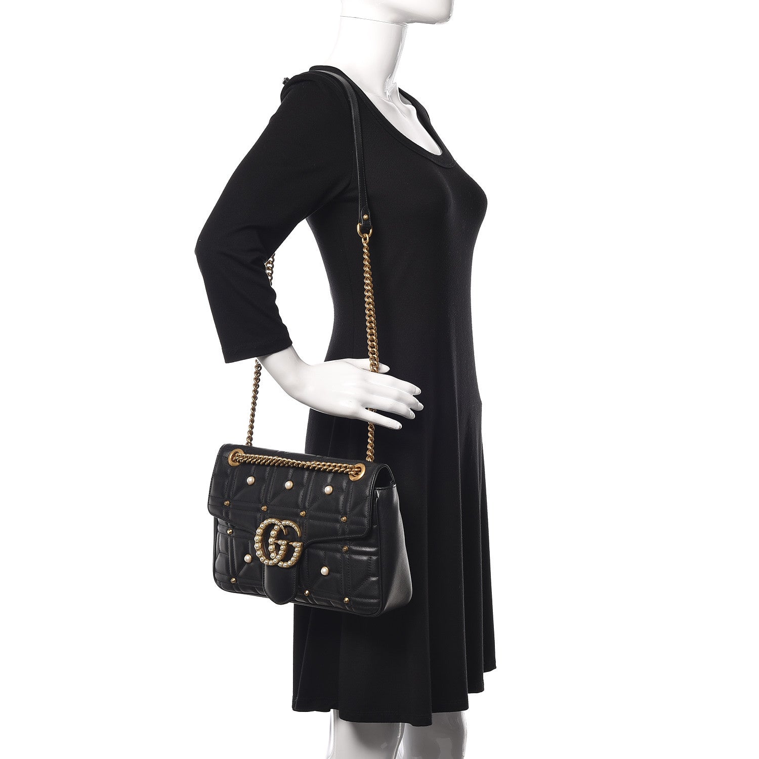 Gucci Calfskin Matelasse Studded Medium Pearly GG Marmont Shoulder Bag Black 2 of 15