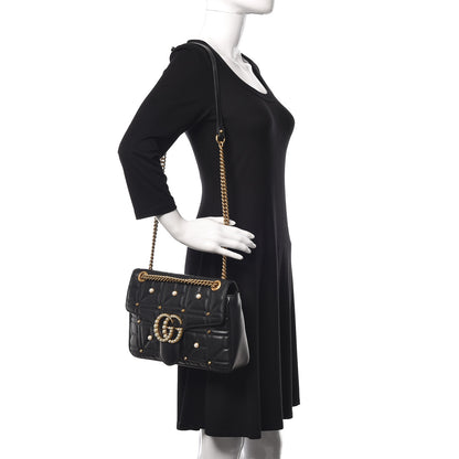Gucci Calfskin Matelasse Studded Medium Pearly GG Marmont Shoulder Bag Black 2 of 15