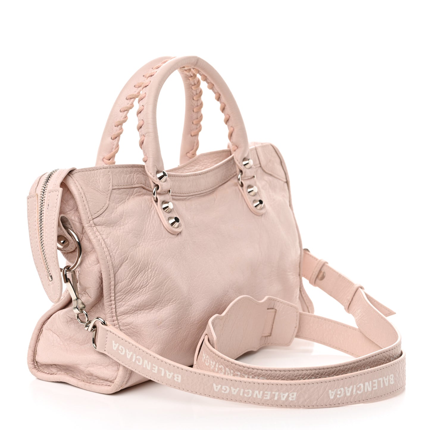 Agneau Classic Silver Hardware S City Logo Strap Light Rose White