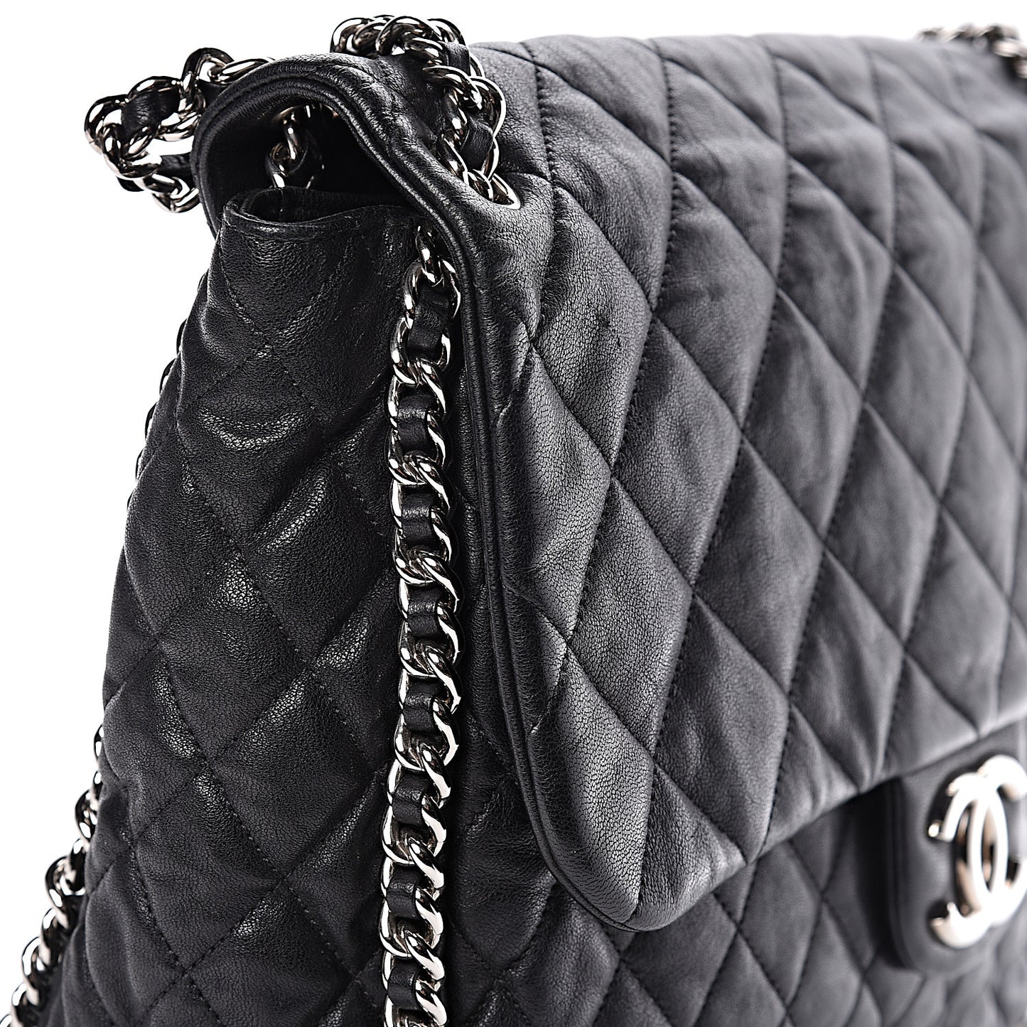 Washed Lambskin Quilted Maxi Chain Around Flap Black