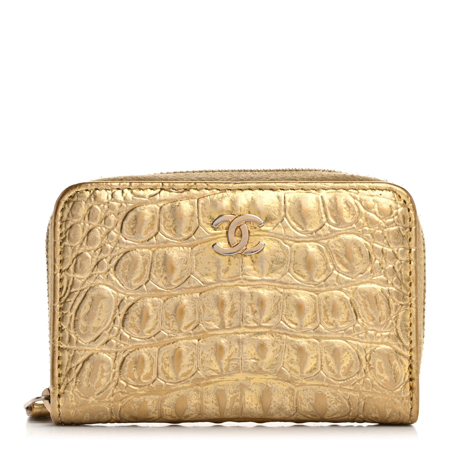 Chanel Metallic Calfskin Crocodile Embossed Cocodile Zip Coin Case Gold 1 of 10