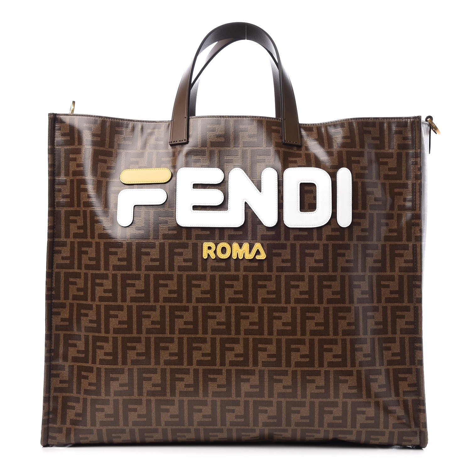 Fendi X FILA Glazed Fabric FF 1974 Mania Large Shopping Tote Bag Mogano Panna White 1 of 8
