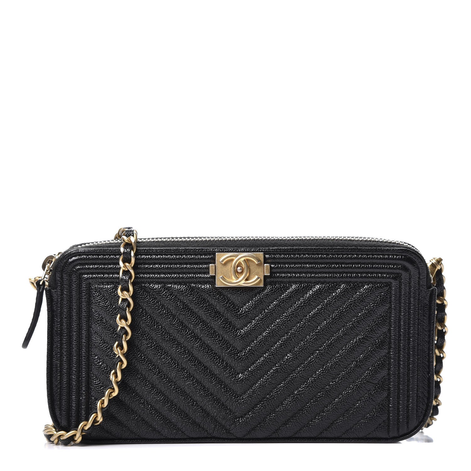 Chanel Caviar Chevron Small Boy Clutch With Chain Black 1 of 12
