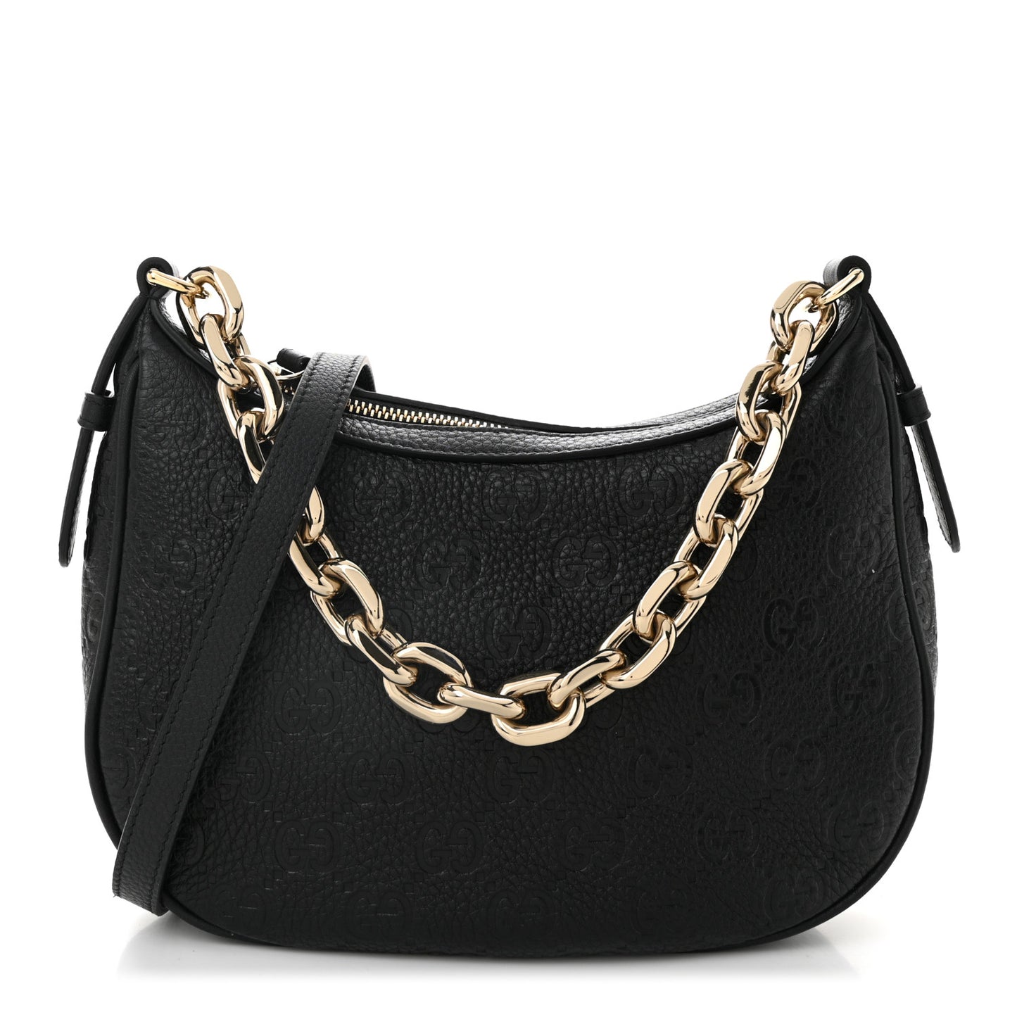 GG Grainy Calfskin Emblem Small Half Moon Shoulder Bag Black