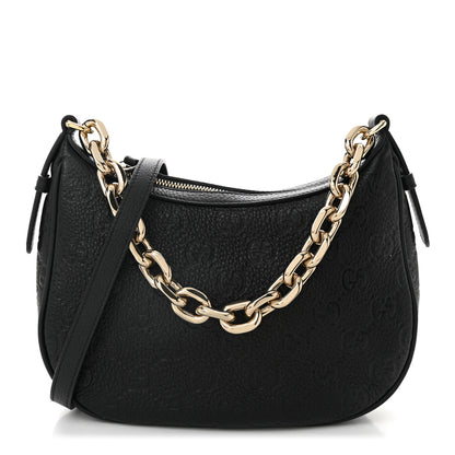Gucci GG Grainy Calfskin Emblem Small Half Moon Shoulder Bag Black 1 of 10