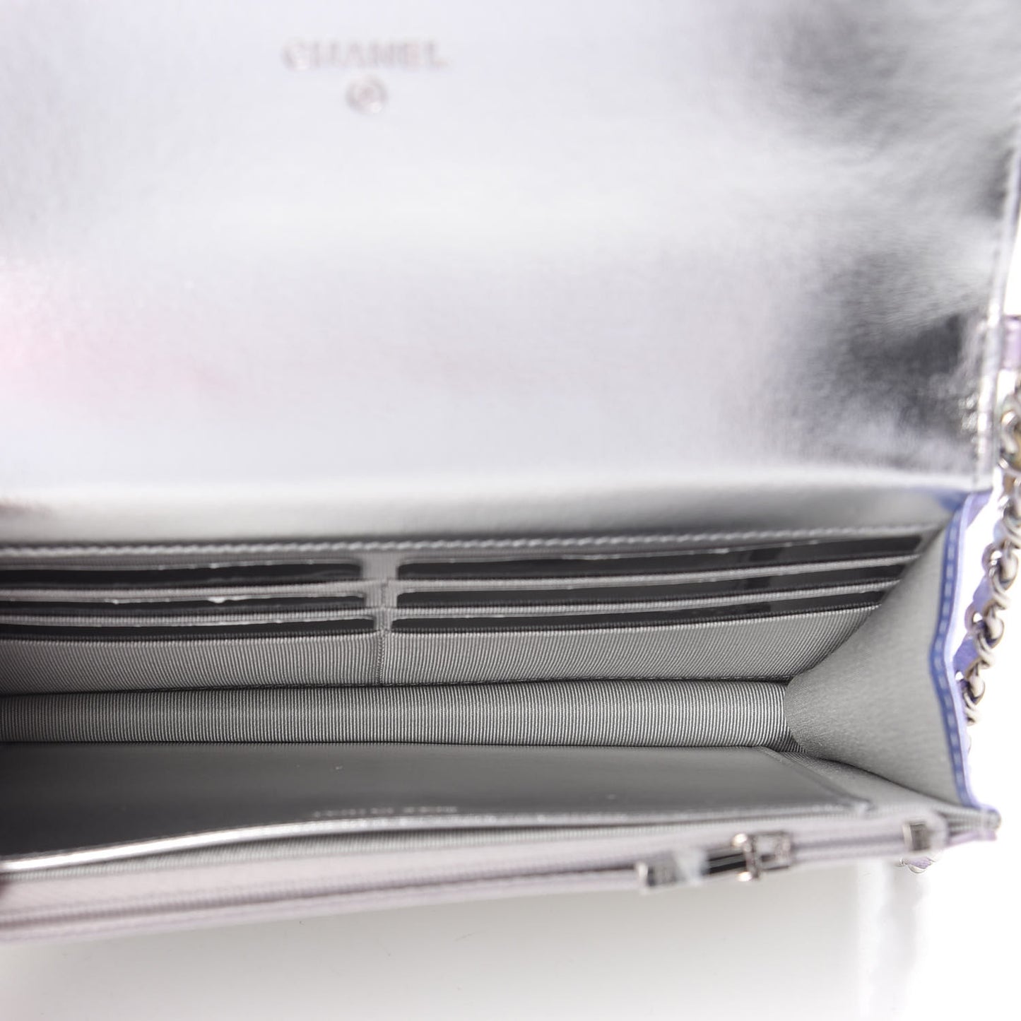 Gradient Metallic Calfskin Quilted Wallet On Chain WOC Silver Blue Yellow Purple