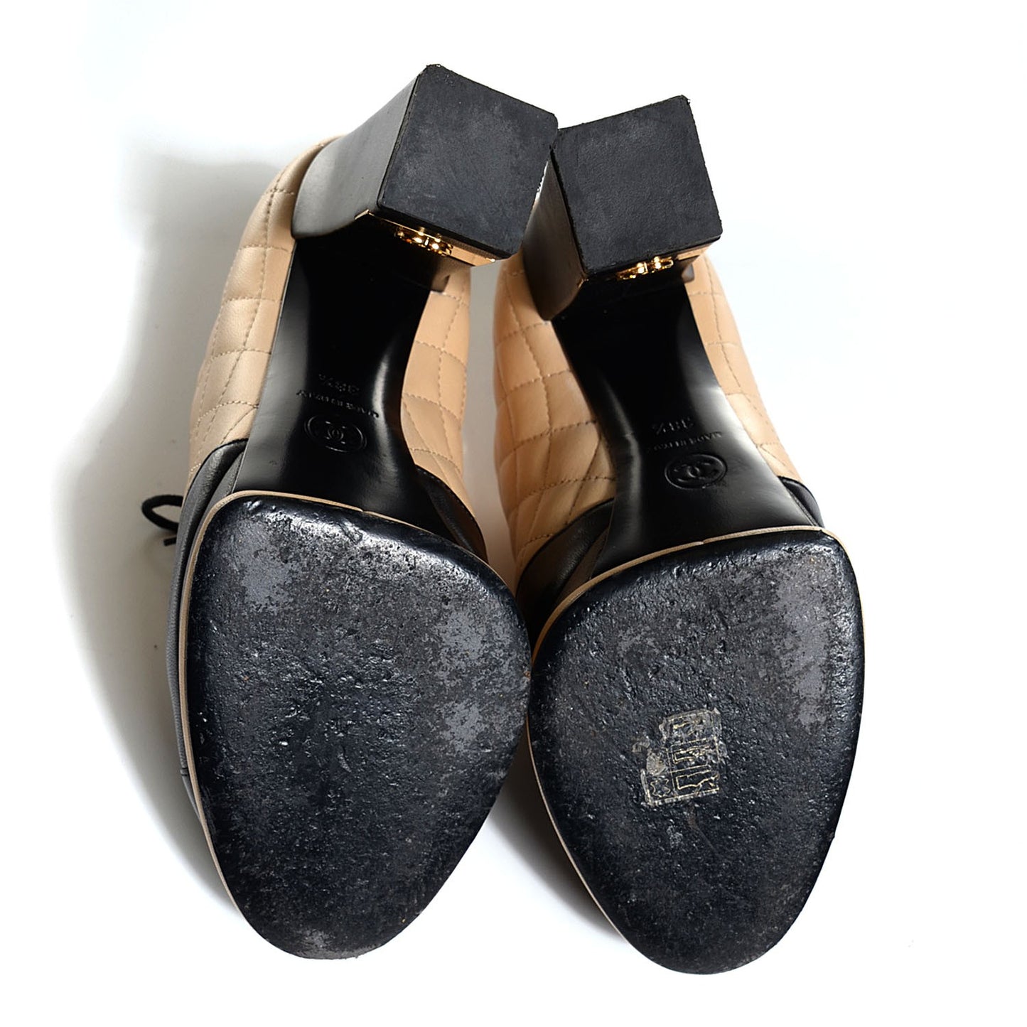 Lambskin Quilted Lace Up Booties 38.5 Beige Black