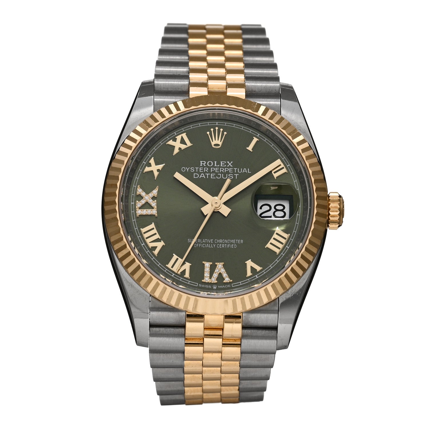 Rolex Stainless Steel 18K Yellow Gold Diamond 36mm Oyster Perpetual Datejust Watch Olive Green Roman 126233 1 of 5