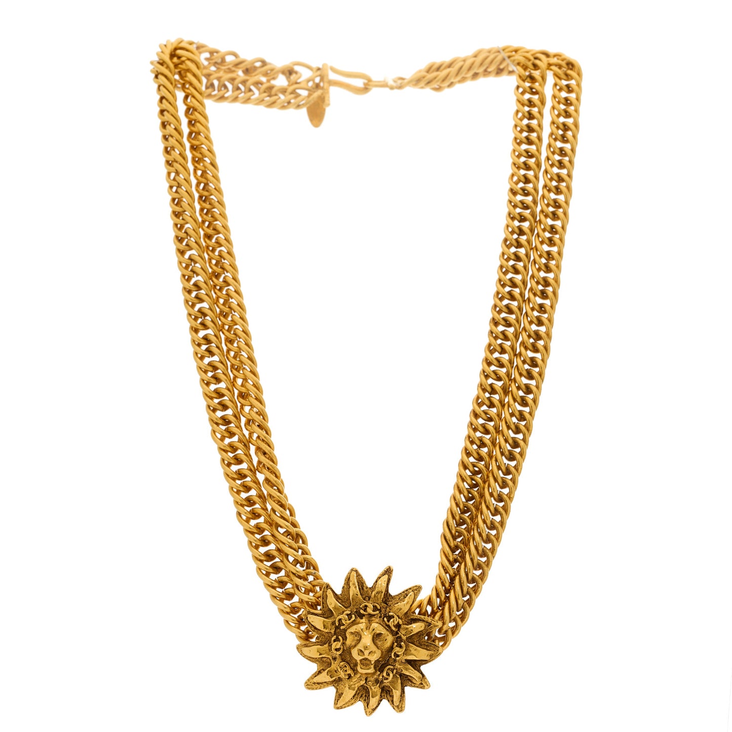Multi Strand Chain Leo Lion Sun Medallion Necklace Gold