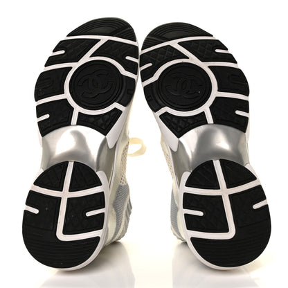 Chanel Fabric Suede Calfskin Stretch CC Sneakers 37 White Grey 5 of 5