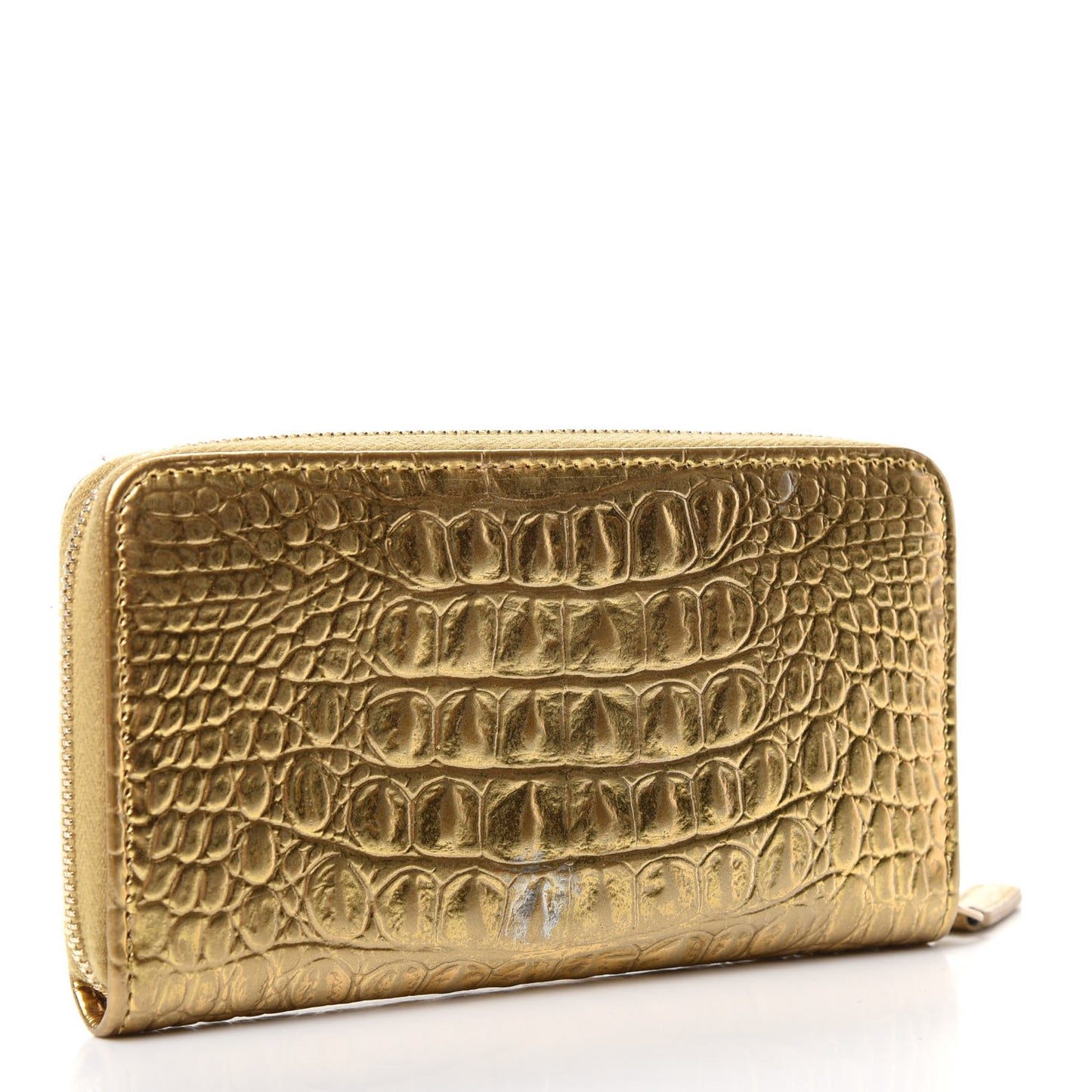 Metallic Calfskin Crocodile Embossed Small Zip Wallet Gold