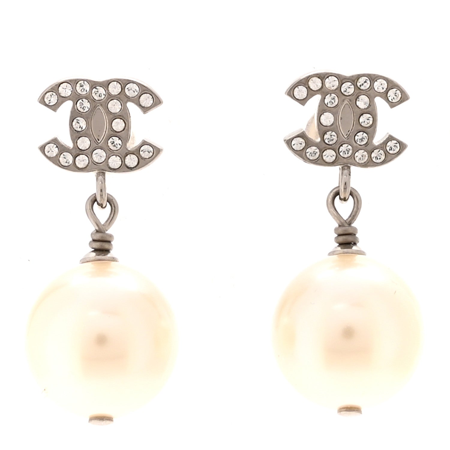 Chanel Crystal Pearl CC Drop Earrings Silver Pearly White 1 of 5
