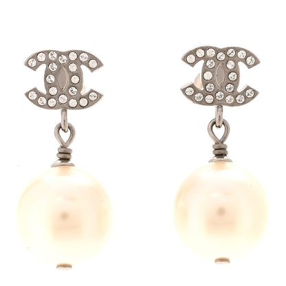 Chanel Crystal Pearl CC Drop Earrings Silver Pearly White 1 of 5