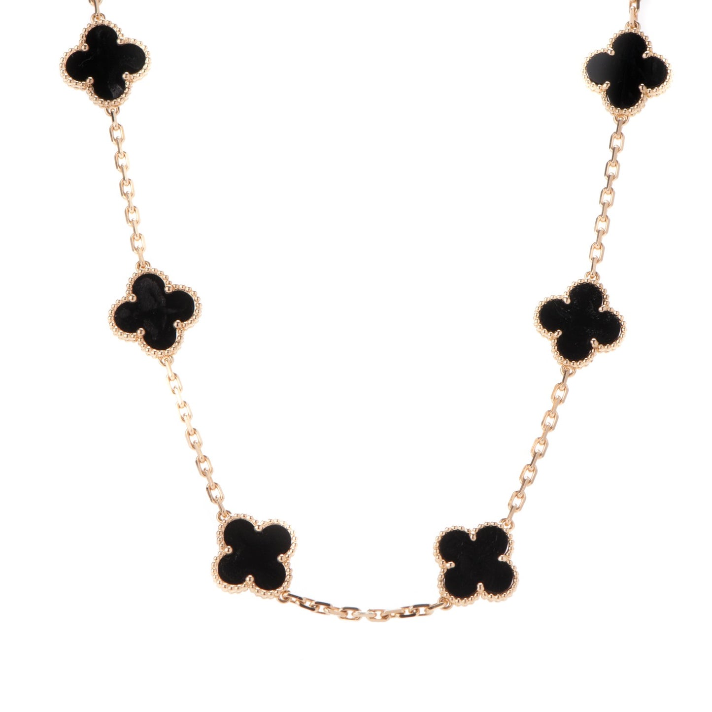 18K Yellow Gold Black Onyx 10 Motifs Vintage Alhambra Necklace