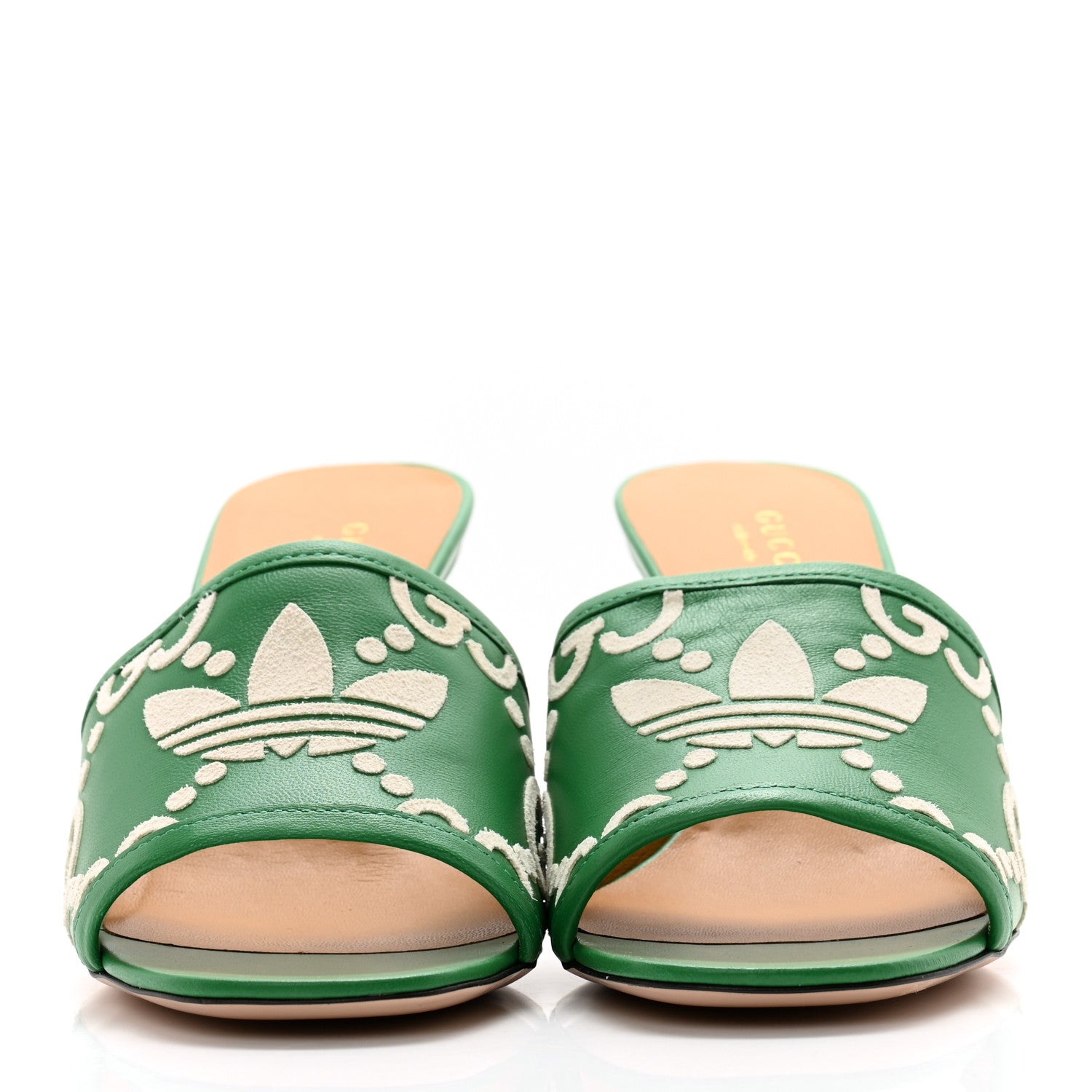 Gucci X ADIDAS Nappa Charlotte Suede Monogram Jumbo GG Trefoil 75mm Slide Sandals 37 New Shamarock Ivoire 2 of 11