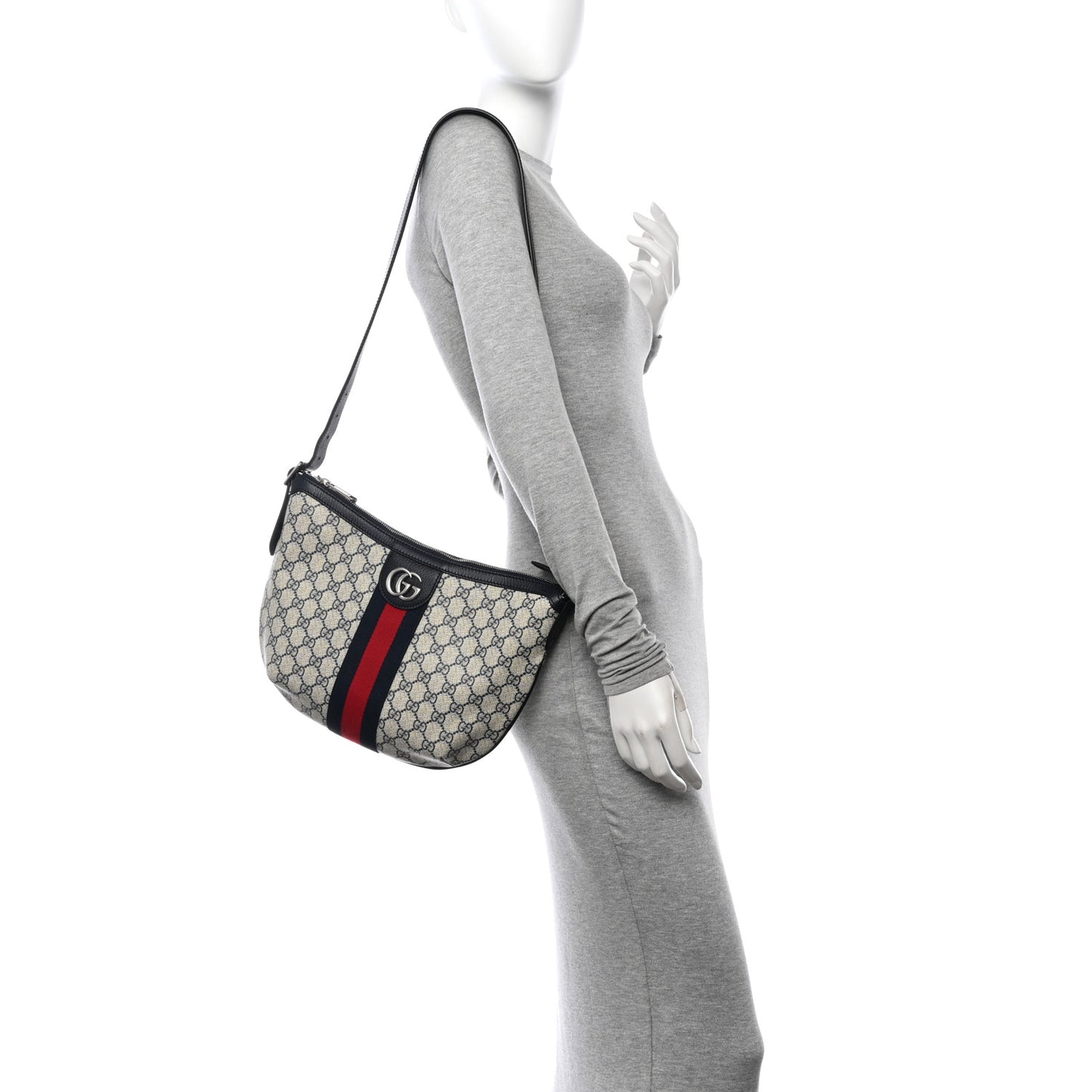 GG Supreme Monogram Textured Dollar Calfskin Web Small Ophidia Half Moon Hobo Beige Blue
