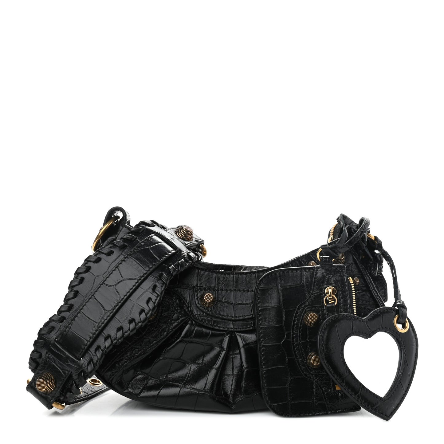 Extra Supple Calfskin Crocodile Embossed Le Cagole Shoulder Bag XS Black