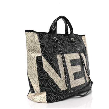 Chanel Coated Canvas Camellia Medium Shopping Tote Black Beige 3 of 8