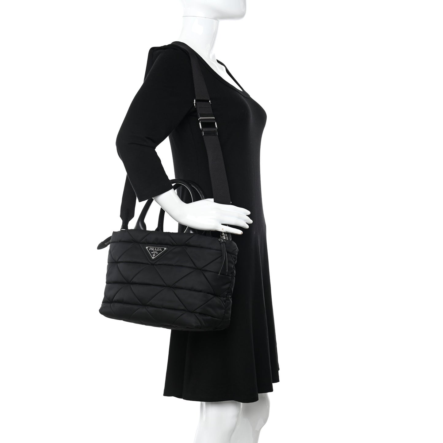 Re-Nylon Nappa Triangle Quilted Padded Small Double Handled Zip Tote Black