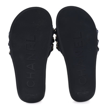 Chanel Satin Canvas Chain Slides Sandals Flats 38 Marine 6 of 9