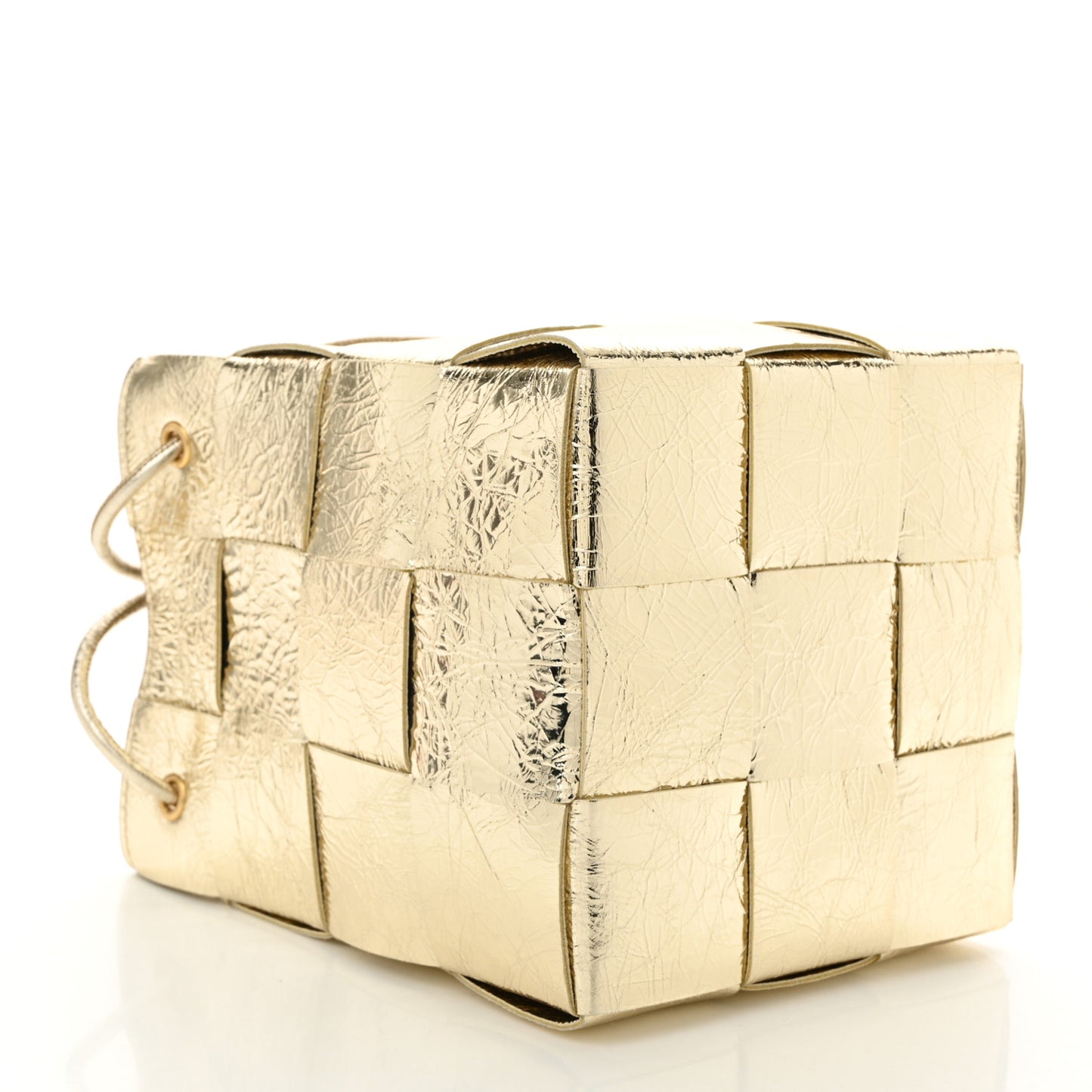 Metallic Crushed Nappa Maxi Intrecciato Small Cassette Bucket Bag Gold