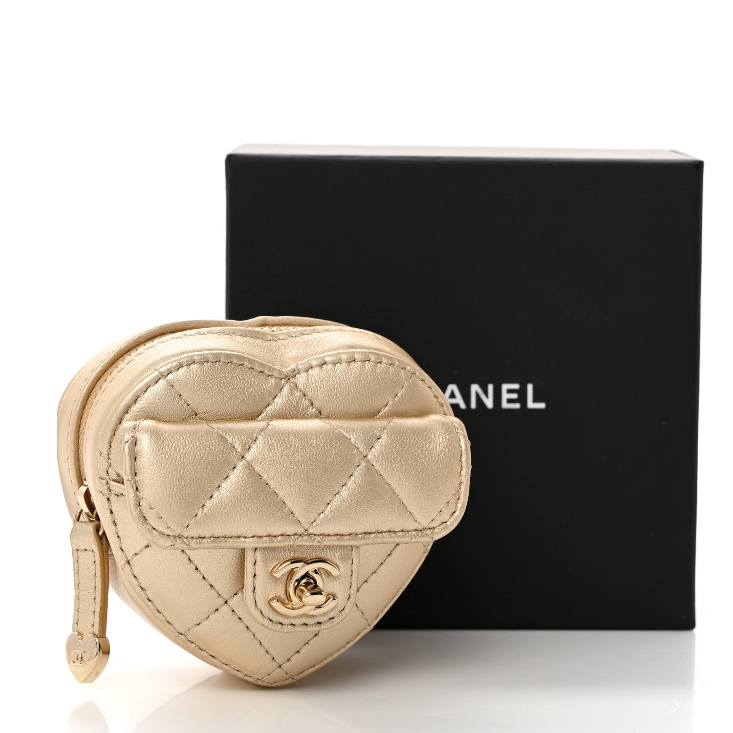 Chanel Metallic Lambskin Quilted CC In Love Heart Zipped Arm Coin Purse Gold 9 of 9