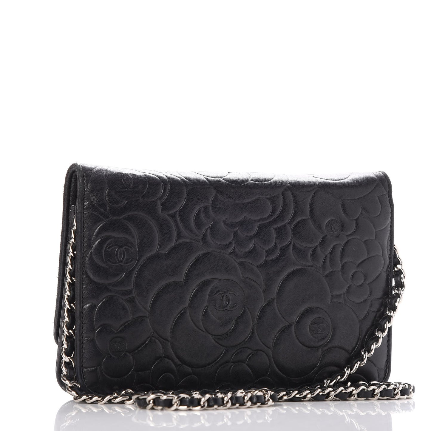 Lambskin Camellia Embossed Wallet on Chain WOC Black