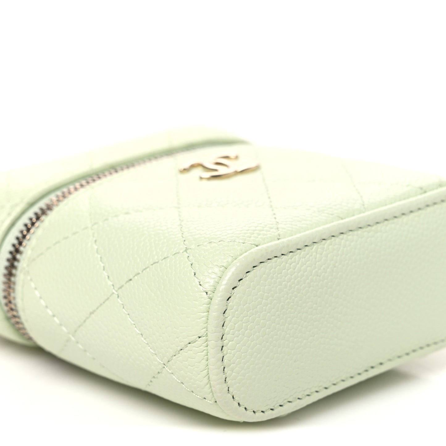 Caviar Quilted Small Handle With Care Vanity Case With Chain Light Green