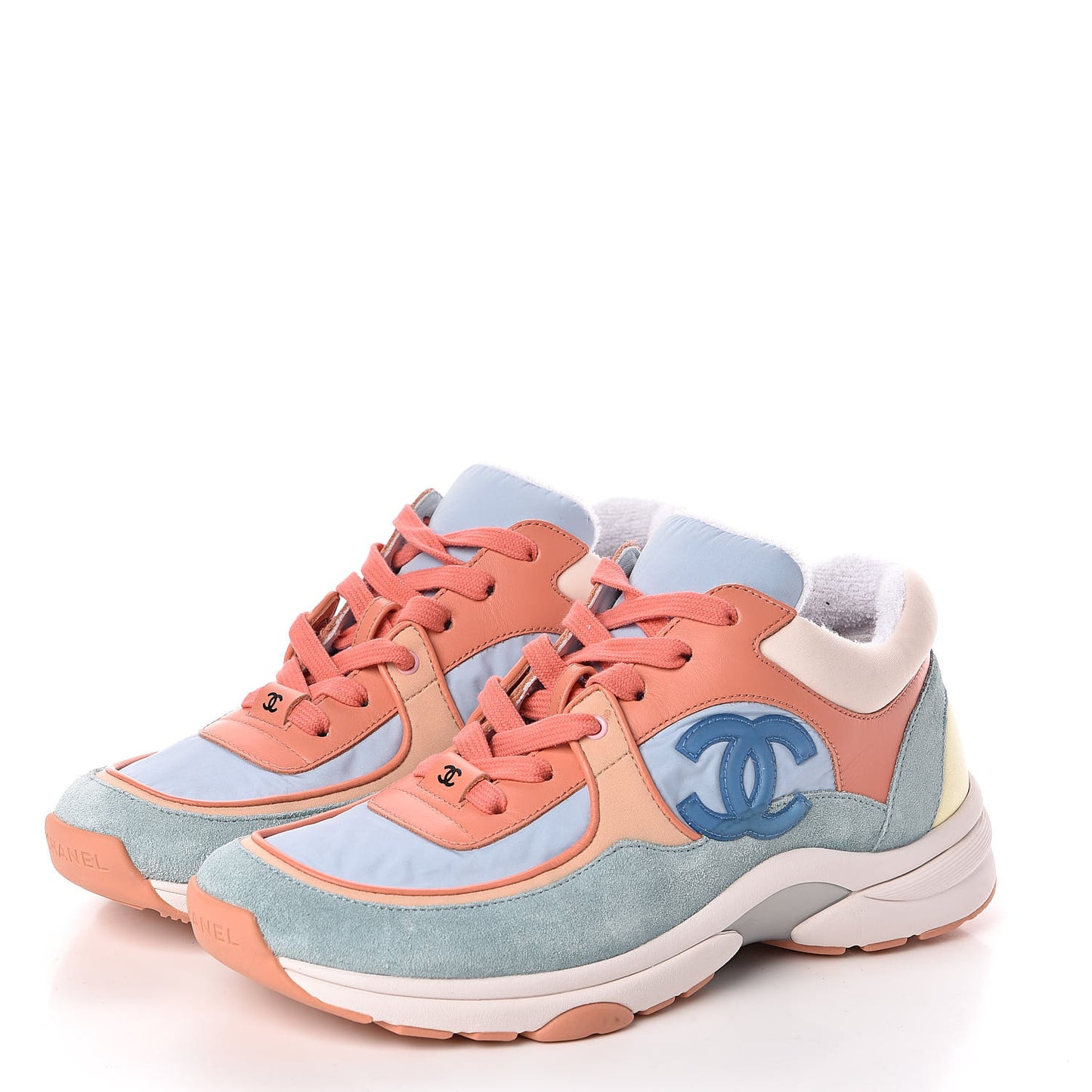 Nylon Lambskin Suede Calfskin CC Sneakers 38 Coral Light Blue White