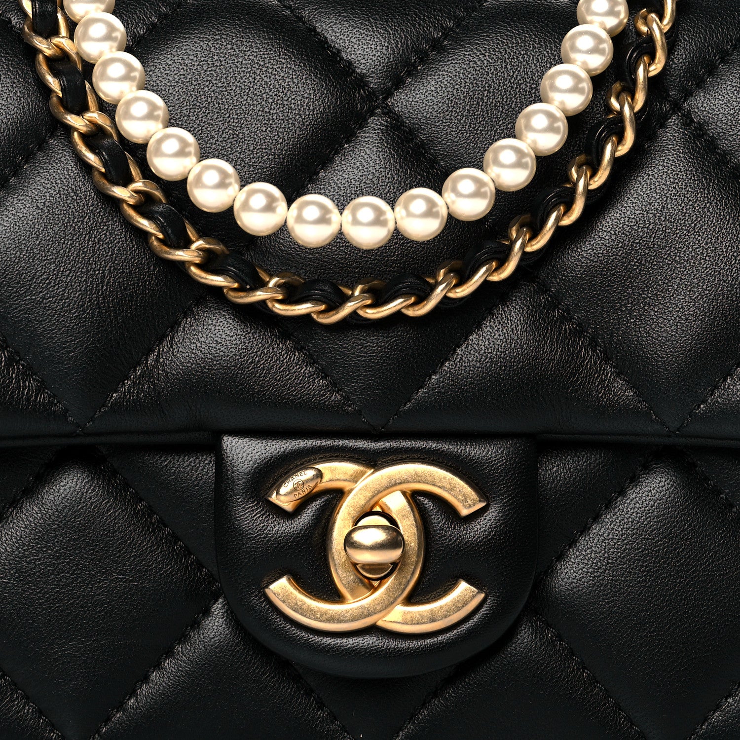 Chanel Calfskin Quilted Mini Square Pearls Chain Flap Black 7 of 10