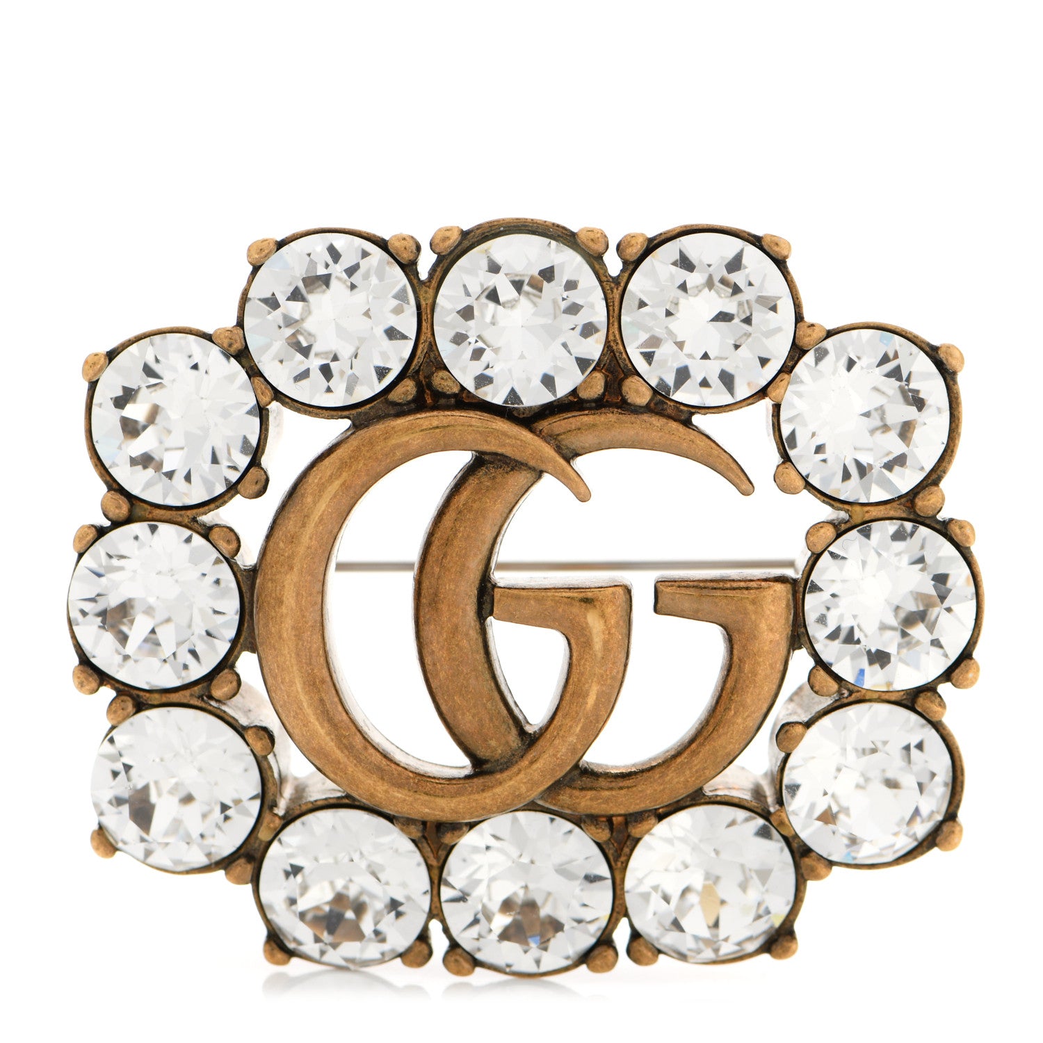 Gucci Metal Crystal Double G Brooch Aged Gold 1 of 5