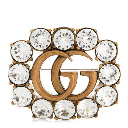 Gucci Metal Crystal Double G Brooch Aged Gold 1 of 5